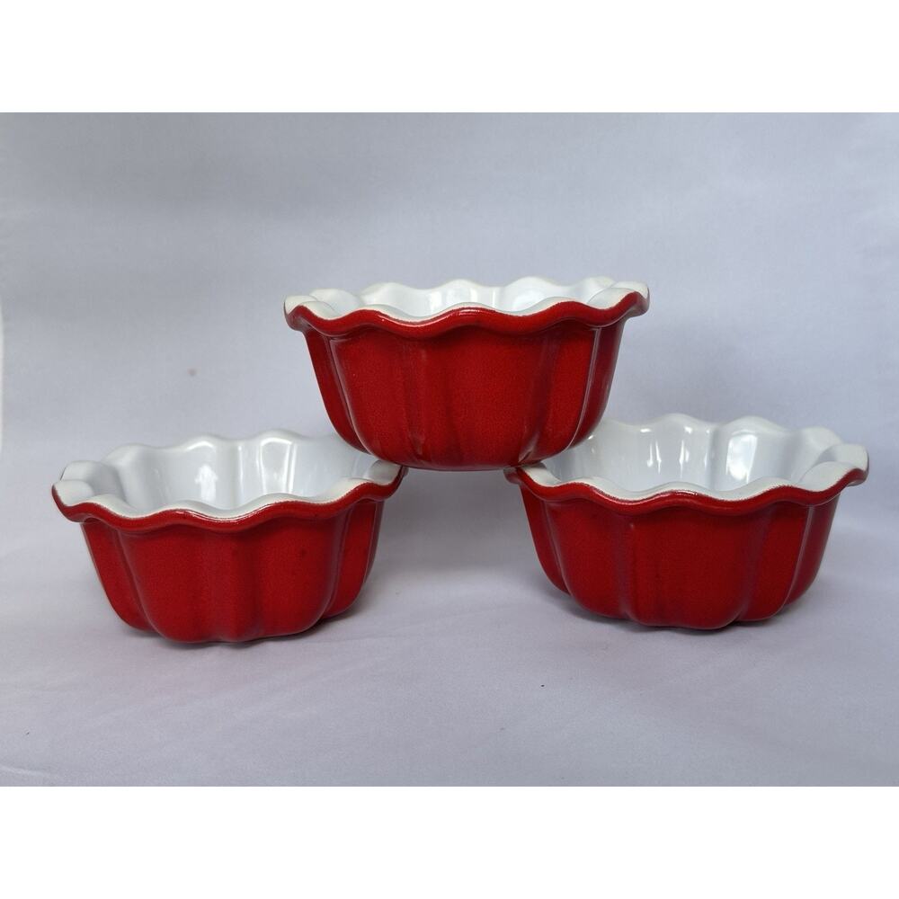 Rare Emile Henry 4.5" Mini Bundt Cake Ceramic Dishes Sets of 3 in Red